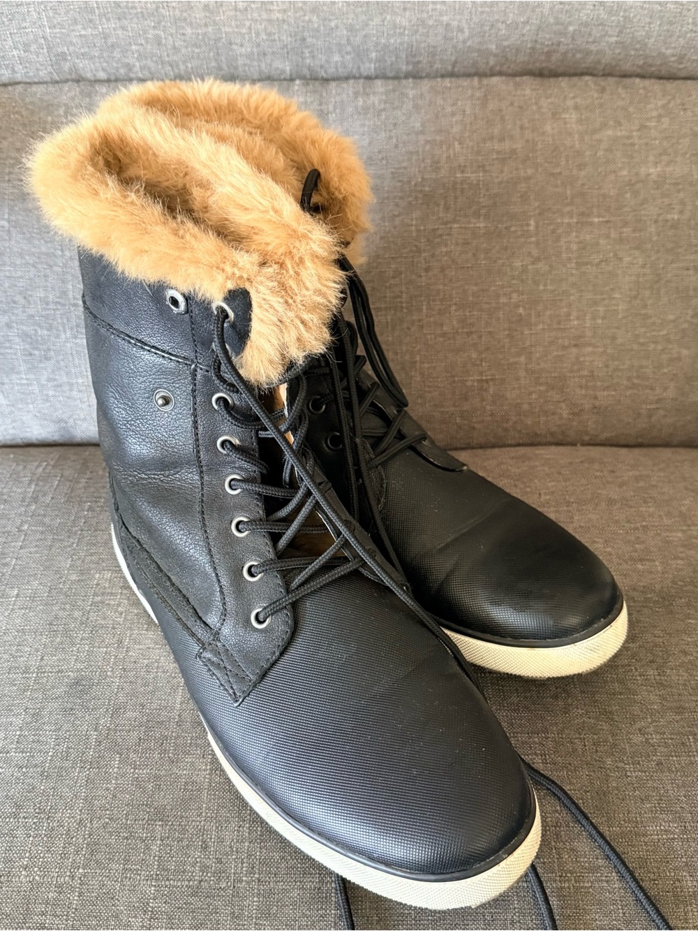 Aldo Black Lace-Up Boots with Tan Faux Fur Trim